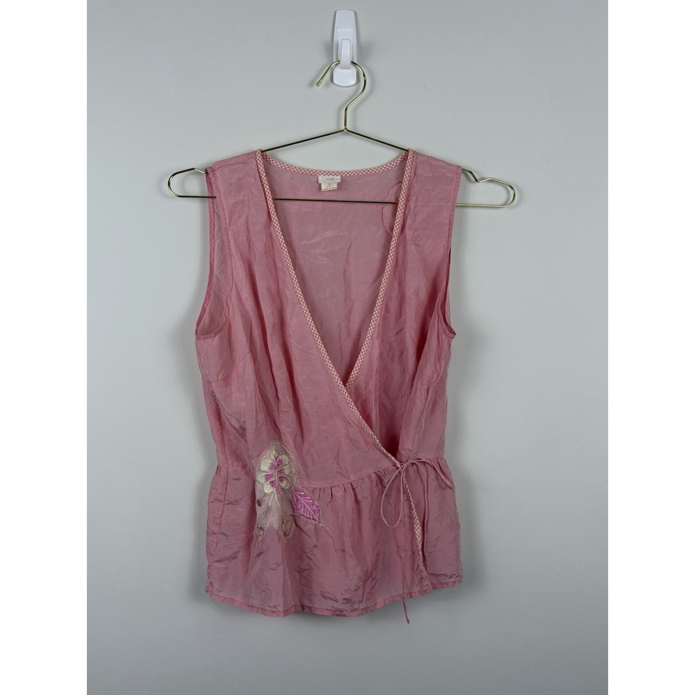 Anthropologie Snak Wrap Around  Vest 100% Silk M Pink Feminine Boho Embroidery